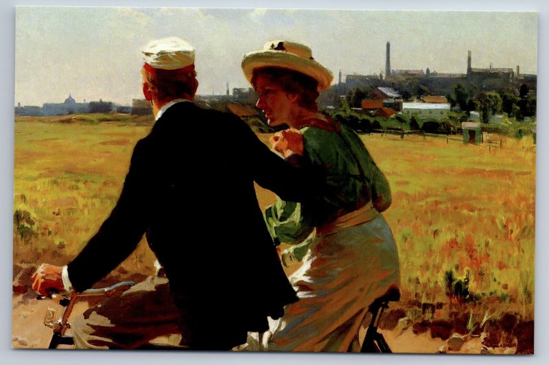 MAN n WOMAN Lady on Morning Bike Ride by Henningsen Russian New Postcard