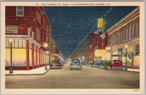 Main Street Pulaski VA Christmas Night Linen Postcard 1940s Vintage Car H82