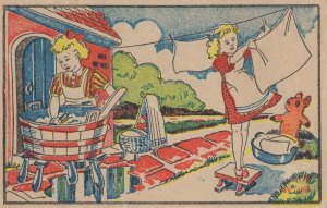 Dutch Laundry Teddy Bear Doll Netherlands Old Postcard