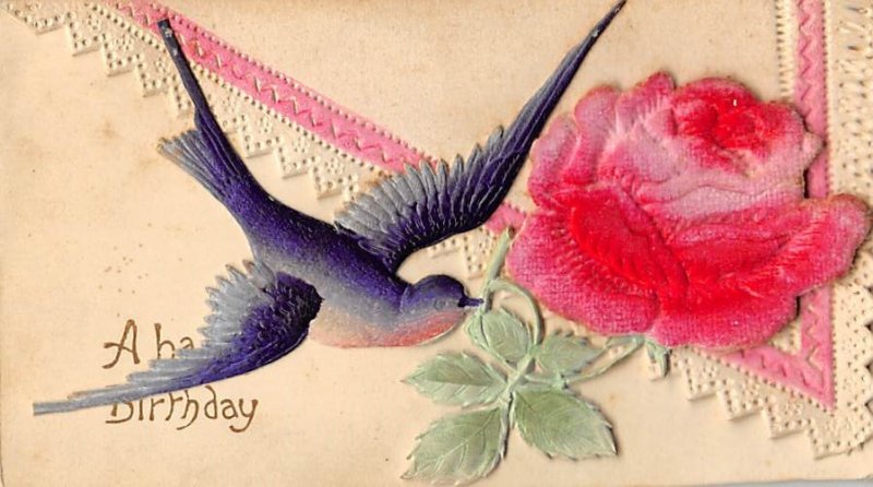 Happy birthday Bird with rose colored flowers Novelty Writing on Back 