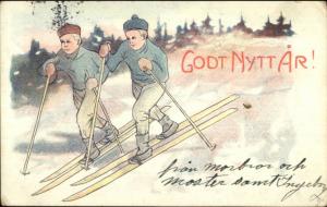 Swedish New Year - Boys Skiing c1905 Postcard