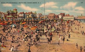 Vintage Postcard 1945 Beach And Boardwalk South End Ocean Grove New Jersey