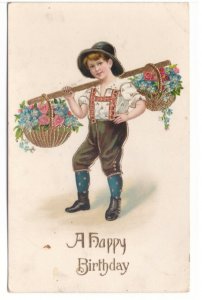 A Happy Birthday - Boy Carrying Baskets Of Flowers - Vintage Gelatin Postcard