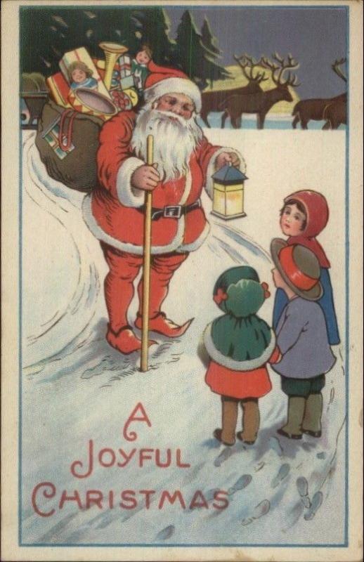 Christmas - Santa Claus Meets Children on Snowy Road 732 A Postcard c1915