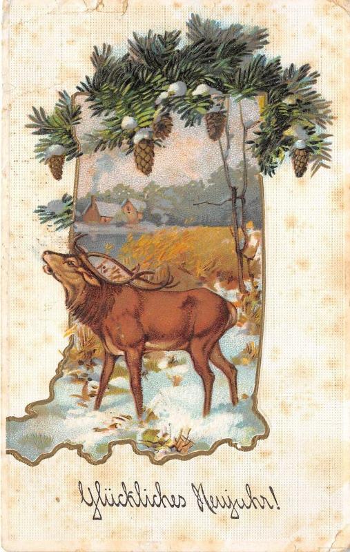 BG8802 cerf deer fir branch  neujahr new year  greetings germany