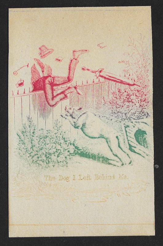 VICTORIAN TRADE CARD A&P Tea Co Man Flying Over Fence 'The Dog I Left Behind Me'