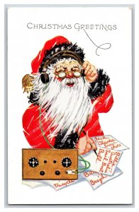 Christmas Santa Claus on Radio Headset with Name List Embossed DB Postcard R10