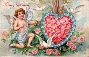 Be My Valentine Cupid With Doves and Heart Of Flowers 1908