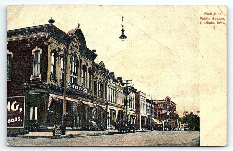 1907 CLARINDA IOWA PUBLIC SQUARE G.L. GRAFF DRUG STORE AD POSTCARD P881