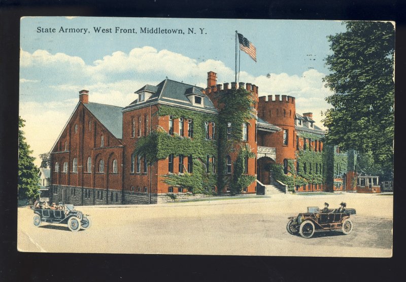 Middletown, New York/NY Postcard, State armory, West Front, Old Cars, 1916