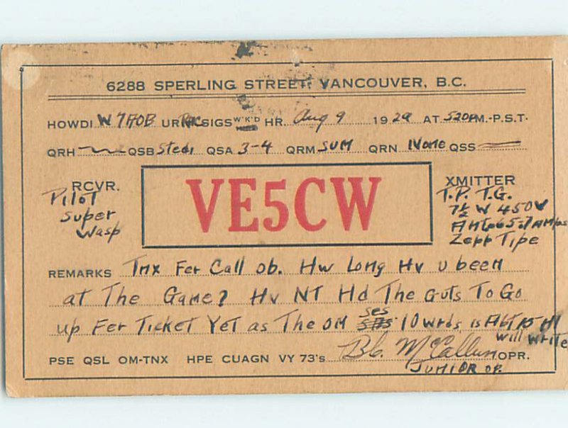 1920s QSL RADIO CARD Vancouver British Columbia BC AH3142