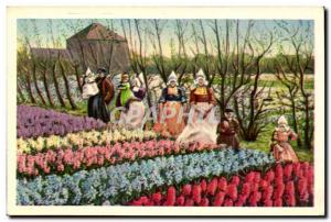 Old Postcard Netherlands Tulips in the fields Folklore