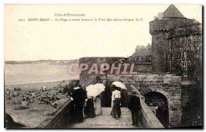 Saint Malo Old Postcard Beach at high tide and al tower that that & # 39en gr...