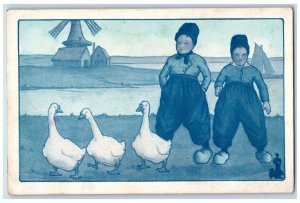 c1910's Dutch Boys Ducks Windmill Sailboat Walkover Shoes Advertising Postcard