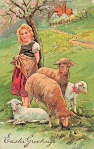 YOUNG EUROPEAN GIRL WITH SPRING LAMBS & SHEEP~1907 GILT ACCENT  EASTER POSTCARD