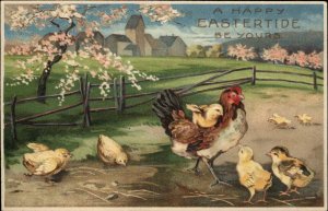 Easter Embossed Mother Hen Chicks Farm Blossoms c1900-20S Vintage Postcard