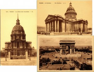 Lot of 3 Paris France Postcards Dome of Invalides Arc de Triomphe Pantheon