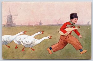 Little Dutch Boy Running And The Three White Ducks Posted Postcard