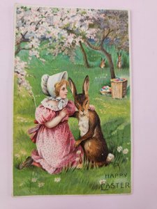 Antique Postcard Girl With Large Rabbit Happy Easter Germany