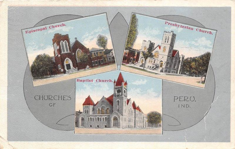 Indiana In Postcard 1916 PERU 3 Churches Fancy Border Baptist Presbyterian Ep