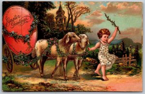 Vtg Easter Greetings Gold Gilt Girl Lambs Carrying Giant Egg 1910s PFB Postcard