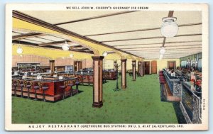 KENTLAND, IN ~ Greyhound Bus Depot NU JOY RESTAURANT Interior 1930s Postcard