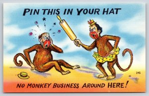 Military Comic~2 Monkeys With Roller Pin No Monkey Business~Vintage Postcard