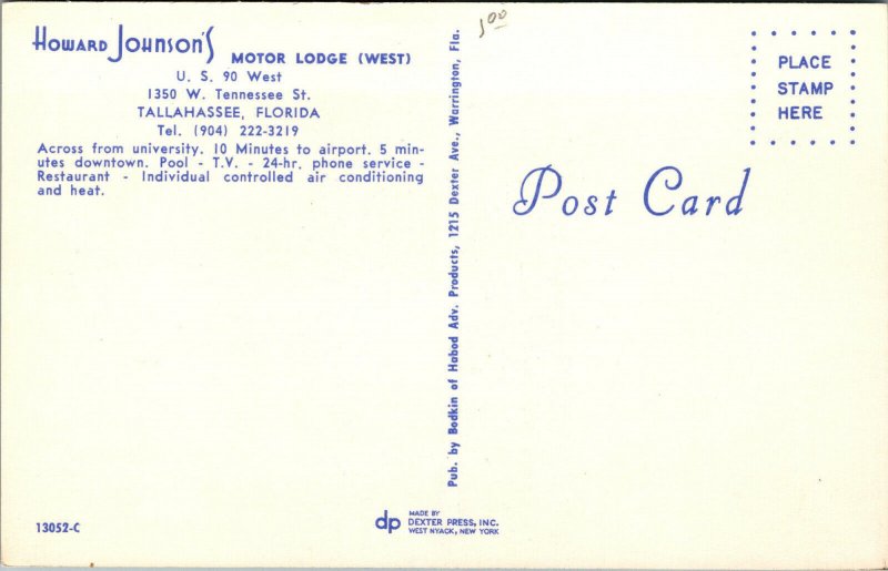 Vtg 1970s Howards Johnson's Motor Lodge West Tallahassee Florida FL Postcard