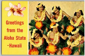 Greetings from the Aloha State Hula Girls Grass Skirts Leis Hawaii Postcard