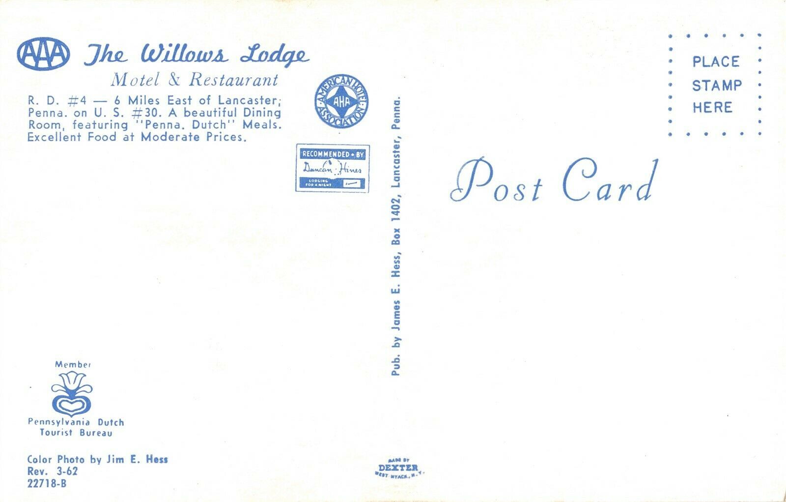 The Willows Lodge Motel & Restaurant, Lancaster, Pa. Postcard 2T5158