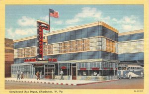 CHARLESTON, West Virginia WV    GREYHOUND DEPOT & BUS   ca1940's Linen Postcard