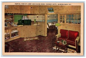 c1940 Partial View Lobby Dining Room Parkway Bar Hotel Blowing Rock NC Postcard