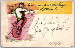 1905 Man Chased By Dog Hanged On Wall Unavoidably Detained Comic Card Postcard