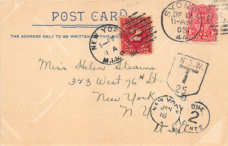 Sydney Australia Post Office NY M. I. & R. Cancel Postage Due 1903 Postcard