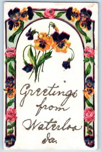 Waterloo Iowa IA Postcard Greetings Arch Of Flowers And Leaves c1910's Antique