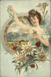 Art Nouveau Beautiful Woman Flowers Landscape c1900 UDB Postcard SERIE 404