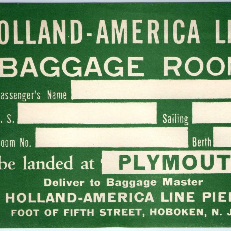 c1930s Plymouth England Steamship Luggage Label  Holland America Line Hoboken 2C