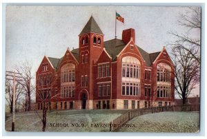 c1910 Exterior View School No 9 Building Flag Davenport Iowa IA Vintage Postcard