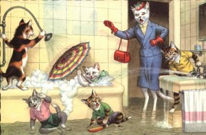 Fantasy Dressed Animals Cats Bath Mainzer Vintage Postcard