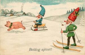 Hungary New Year fantasy gnomes dwarfs pig sledge ski winter 1938