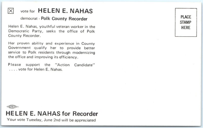 c1960s Iowa Democrat Helen Nahas for Polk County Recorder Campaign Politics A145