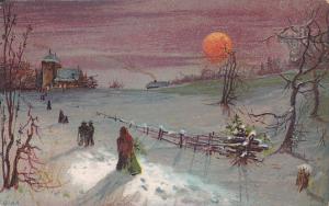 Winter Landscape Scene With Setting Sun