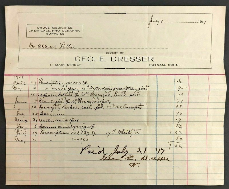 1917 George Dresser Druggist Putnam CT Bill Invoice Receipt Main Street Chemical