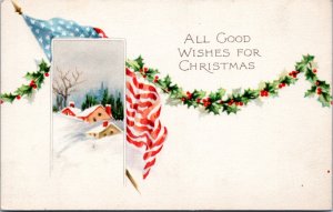 Postcard Gibson Patriotic Christmas - US Flag with Holly on winter village scene