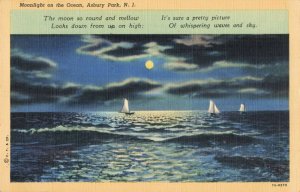 circa 1940's Moonlight Sail Boats Ocean Asbury Park New Jersey Postcard 2T7-147