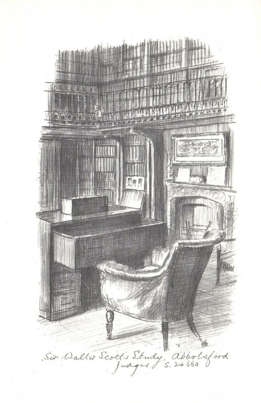 VINTAGE POSTCARD PENCIL SKETCH OF SIR WALTER SCOTT'S STUDY ABBOTSFORD U.K.