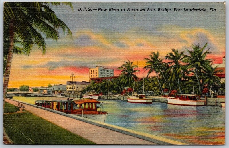 Vtg Fort Lauderdale Florida FL New River Andrews Avenue Bridge 1930s Postcard