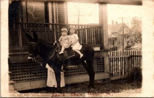 Real Photo PC Two Small Children Sitting on Donkey in/near St. Louis, Illinois