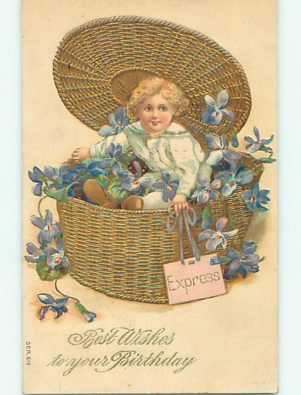 Divided-Back art nouveau GIRL POPS OUT OF WICKER BASKET r1739