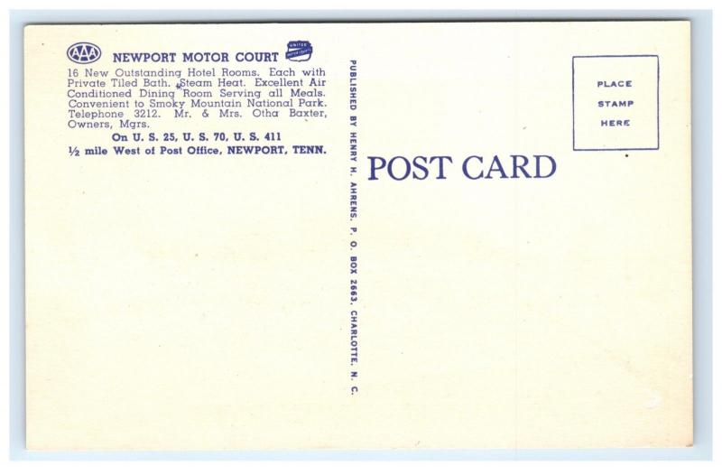 Postcard Newport Motor Court, US 25 US 70, Newport, TN linen D19